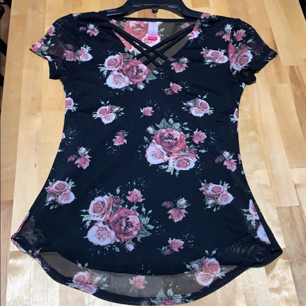 Pink floral black shirt
